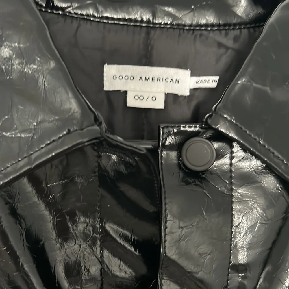 NWT Good American patent vegan leather Trucker jacket. Black, women’s small.